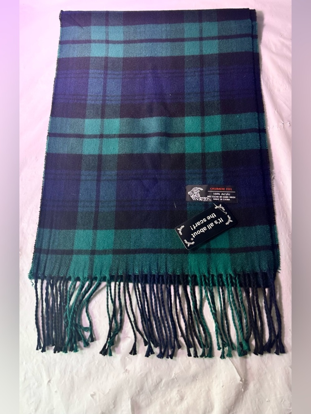 Plaid Fringe Scarf in Green and Navy